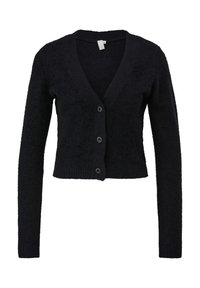Cardigan noir court en tissu doux et texturé avec un col en V, des manches longues et cinq boutons sur le devant.