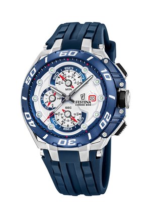 Męski zegarek Festina Chrono Bike z niebieskim gumowym paskiem, niebiesko-białą tarczą, trzema subtarczami do minut, godzin, sekund oraz wyświetlaczem daty.