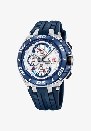 Męski zegarek Festina Chrono Bike z niebieskim gumowym paskiem, niebiesko-białą tarczą, trzema subtarczami do minut, godzin, sekund oraz wyświetlaczem daty.