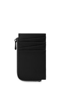 Black leather wallet featuring multiple card slots, a zip pocket, and contrasting stitching. Compact rectangular design with smooth texture.