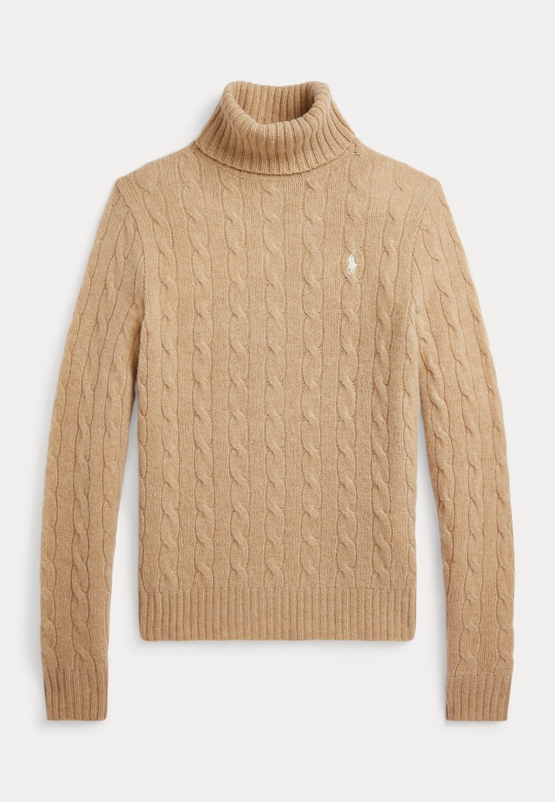 Beige-värinen, kaapelinilkkainen pooloneule, jossa on resorikaulus ja -hihansuut sekä pieni kirjailtu logo rinnassa. Pehmeä koostumus.