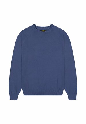 Crewneck-trøje i blødt blåt stof. Har ribbede manchetter og kant med en let tekstur. Logodetalje på ærmet tæt på manchetten.