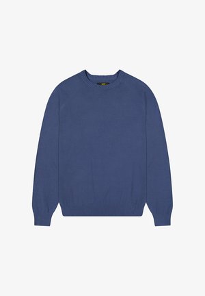 Crewneck-trøje i blødt blåt stof. Har ribbede manchetter og kant med en let tekstur. Logodetalje på ærmet tæt på manchetten.
