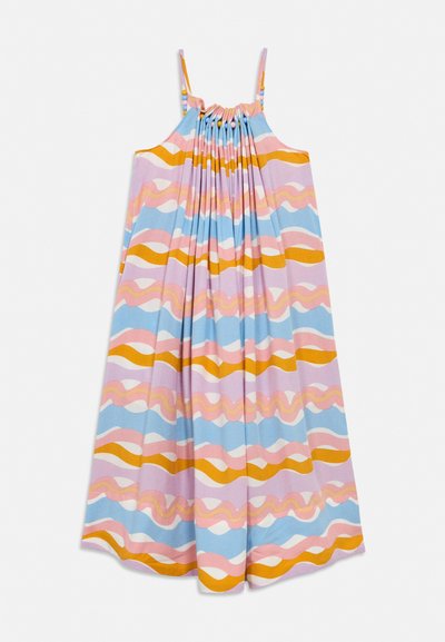 Φόρεμα χωρίς μανίκια με λεπτές τιράντες και πολύχρωμες κυματιστές ρίγες σε ροζ, μπλε, λευκό και πορτοκαλί, με ραμμένο ύφασμα και λεπτομέρειες με χάντρες στην κορυφή.