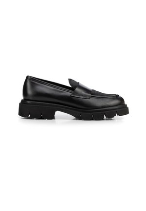Black leather loafer with thick treaded sole and moc toe design, shown in side profile on white background.