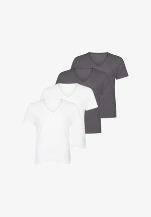 Zwei weiße und zwei dunkelgraue kurzärmelige V-Ausschnitt-T-Shirts, gestaffelt auf weißem Hintergrund angeordnet.