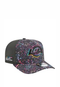 Baseball cap with a black, speckled design in pink, blue, and yellow. Features logo on front and a tag reading "Crucial Catch Intercept Cancer."