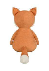 Orange plush fox with a soft texture, white accents on ears and tail, rounded body, and stitched details on the back.