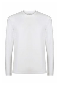 T-shirt bianco a maniche lunghe e collo rotondo, realizzato in cotone liscio, caratterizzato da un design pulito senza motivi o decorazioni visibili.