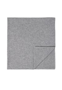 Graue Decke aus weichem Material, mit einer umgeschlagenen Ecke und sauberen Kanten, die eine glatte Textur aufweist.