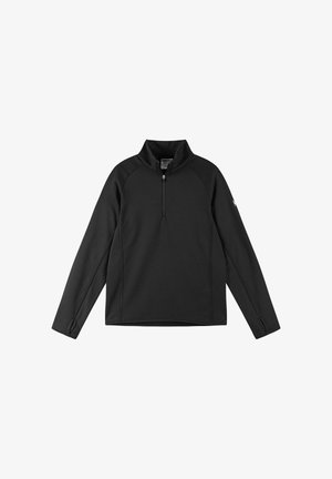 Czarny polarowy pulower z wysokim karkiem, zamek błyskawiczny na pół długości z przodu, rękawami raglanowymi oraz szwami płaskimi dla gładkiej tekstury i dopasowania.