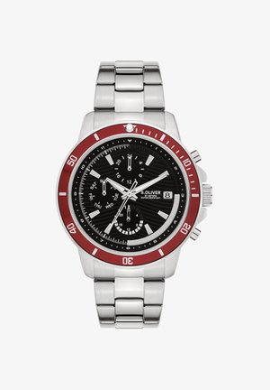 Round stainless steel watch with a black textured dial, red bezel, silver hour markers, and chronograph features. Water-resistant to 50 meters.