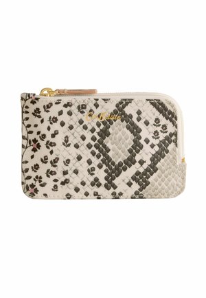 Kreemikas lukkrahakott tikandilise tekstuuriga, musta ja halli madulamustriga, väikese roosa lillemustriga ning esiküljel kuldse kirjaga logoga.