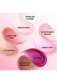 Six swatches of lip gloss in various shades: clear, light pink, peach, nude, and deep pink, with text labels for each color.