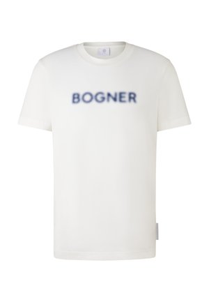 T-shirt à col rond blanc à manches courtes avec un logo "BOGNER" flou bleu marine centré à l'avant.