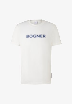 Weißes kurzärmeliges T-Shirt mit Rundhalsausschnitt und dem navyblauen, verschwommenen "BOGNER"-Logo, das in der Mitte auf der Vorderseite platziert ist.