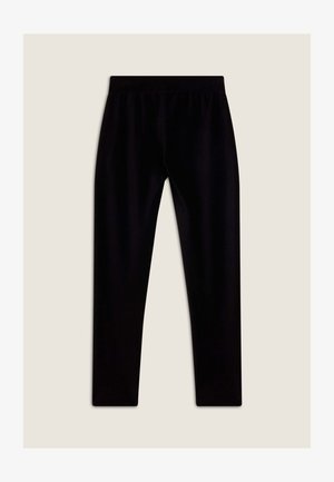 Pantalons noirs en tissu doux, dotés d'une taille élastique, d'une coupe droite et sans motifs ni détails métalliques visibles.