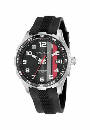 Nautica karóra fekete számlappal, fehér számokkal, piros és szürke függőleges csíkkal, 3 óránál dátumablakkal, ezüst kerettel és fekete texturált gumiszíjjal.
