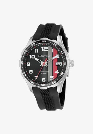 Nautica randmekell musta sihverplaadiga, valgete numbritega, punase ja halli vertikaalse triibuga, kuupäevaaknaga kellal 3, hõbedane raami ja musta tekstuurse kummirihmaga.