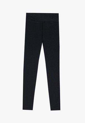 Black leggings made of stretchy fabric, featuring a wide waistband, slim fit, and solid color with no patterns or visible hardware.
