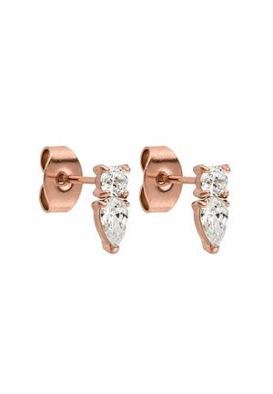 Roze gouden studs hebben twee peervormige heldere stenen met een gepolijste afwerking, bevestigd met een klassieke paal en vlinderachterkant.