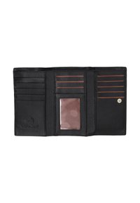 Černá kožená peněženka s několika přihrádkami na karty, průhledným okénkem na průkaz s puntíkovým vzorem a zapínáním na patentku. Viditelná detailní textura.