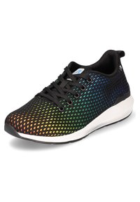 Black athletic shoe with a mesh upper featuring a gradient of colors: orange, green, and blue. White midsole and black rubber outsole.