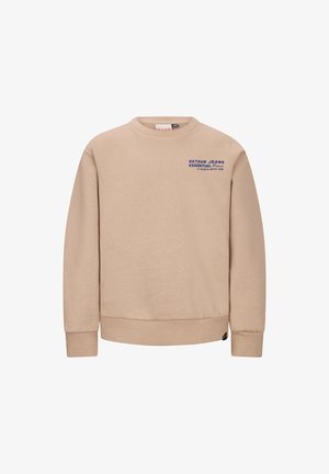 Felpa beige in morbido tessuto. Presenta un collo a giro, polsini e orlo a costine. Testo blu stampato sul petto. Design minimalista.