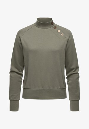 Oliwkowo-zielony sweter z długim rękawem, stójką i czterema ozdobnymi guzikami na lewym ramieniu.