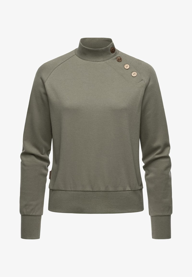Pull vert olive à manches longues avec un col montant et quatre boutons décoratifs sur l'épaule gauche.