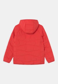 Veste matelassée rouge avec capuche, manches longues et motif cousu horizontalement, vue de dos sur fond blanc.