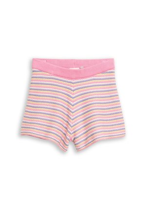 Krótkie spodenki dzianinowe z poziomymi pasami w pastelowych kolorach różowym, fioletowym, żółtym i białym, z jednolitym różowym ściągaczem w pasie.