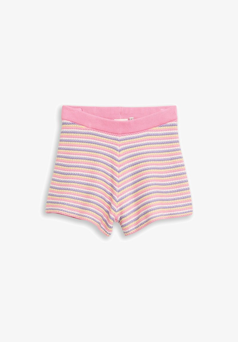 Shorts en maille avec des rayures pastel horizontales rose, violet, jaune et blanc, dotés d'une ceinture côtelée rose unie.
