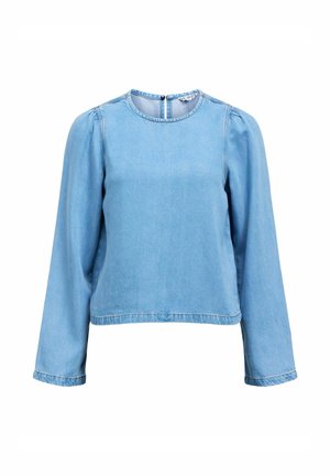 Blouse en denim bleu clair à manches longues, col rond, légers fronces aux épaules et fermeture par bouton au dos.