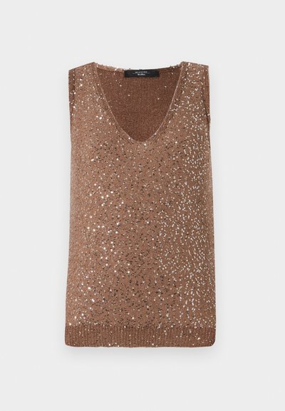 Haut sans manches en tricot marron avec un col en V, présentant des sequins métalliques dispersés pour ajouter de la texture et de l'intérêt visuel.