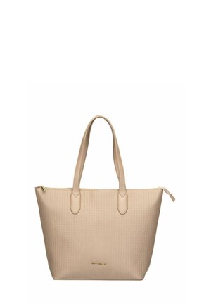 Sac fourre-tout beige texturé avec deux poignées et une fermeture éclair, base rectangulaire, et un logo doré subtil au centre avant.