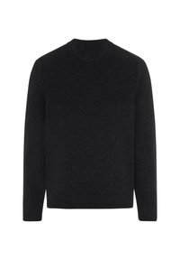 Ciemnoszary sweter wykonany z fakturowanej dzianiny. Posiada okrągły dekolt, długie rękawy oraz prążkowane akcenty na ramionach i mankietach.