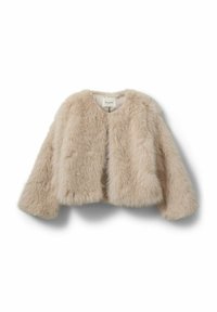 Beige faux fur cropped jakke med lange ærmer og rund halsudskæring, vist fladt mod en hvid baggrund.