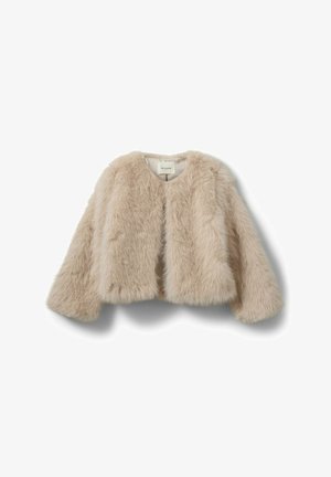 Beige faux fur cropped jakke med lange ærmer og rund halsudskæring, vist fladt mod en hvid baggrund.