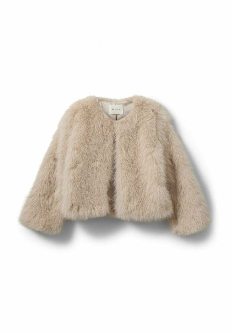 Beige faux fur cropped jakke med lange ærmer og rund halsudskæring, vist fladt mod en hvid baggrund.