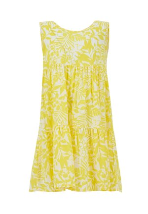 Żółto-biała sukienka bez rękawów w kwiaty, z okrągłym dekoltem i plisowaną spódnicą, zaprojektowana na co dzień.