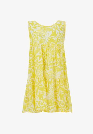 Żółto-biała sukienka bez rękawów w kwiaty, z okrągłym dekoltem i plisowaną spódnicą, zaprojektowana na co dzień.