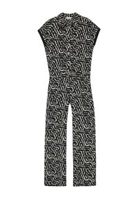 Mono de patrón blanco y negro con mangas cortas tipo cap sleeve, un cuello y un cierre frontal con botones, que presenta una cintura ajustada y piernas anchas.