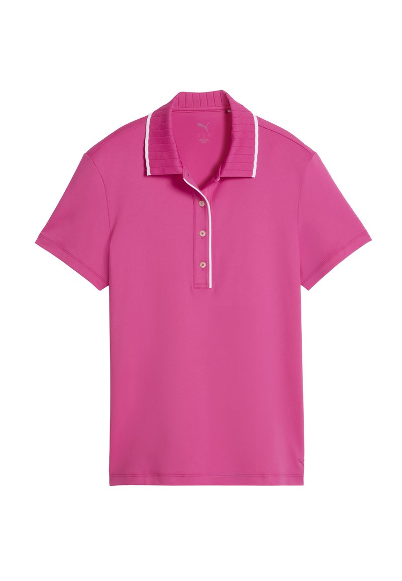 Pink poloshirt med ribbet krave, hvide detaljer og tre knapper ved halsen. Fremstillet af glat stof og har korte ærmer.