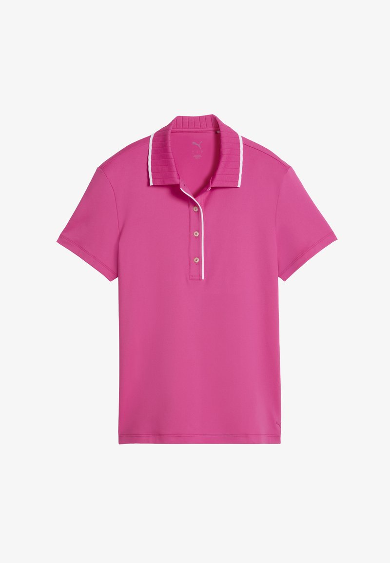 Pink poloshirt med ribbet krave, hvide detaljer og tre knapper ved halsen. Fremstillet af glat stof og har korte ærmer.