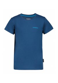 T-shirt en coton bleu marine à manches courtes, col rond, avec un petit logo bleu clair sur la poitrine gauche. Texture lisse, coupe standard.
