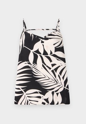 Haut sans manches noir avec imprimé de feuilles de palmier blanches, design en v, et fines bretelles. Le tissu a une texture lisse.