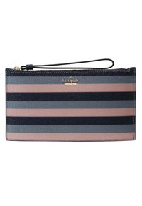 Striped wallet in navy, gray, and pink fabric with a shiny finish. Features a gold logo and a wrist strap for easy carrying.