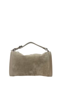 Beige suède handtas met een ronde vorm, een korte handvat aan de bovenkant en een textuur leder onderkant. Heeft een subtiele merklogo aan de voorkant.