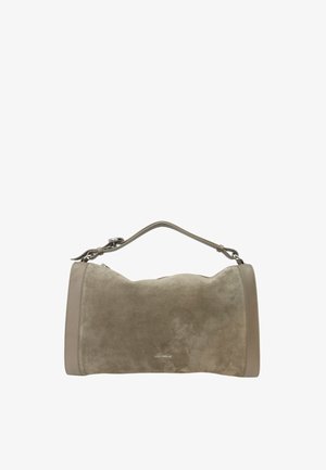Borsa in suede beige con forma arrotondata, manico corto e fondo in pelle testurizzata. Presenta un logo del marchio discreto sul davanti.